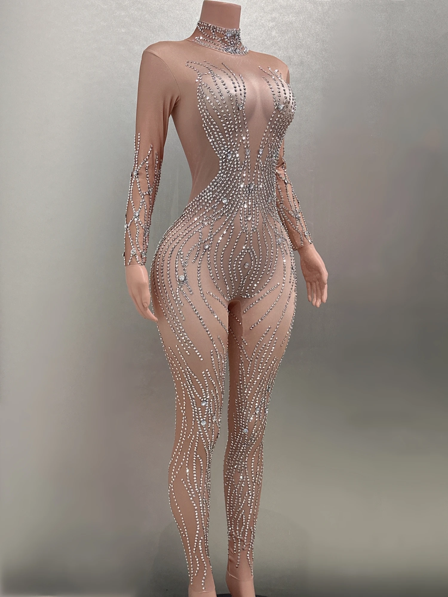 Performance Costume Stage Wear Women Long Sleeve Sexy Shinning Rhinestones Bodycon Jumpsuit Nightclub Party Bar Dancer Wear