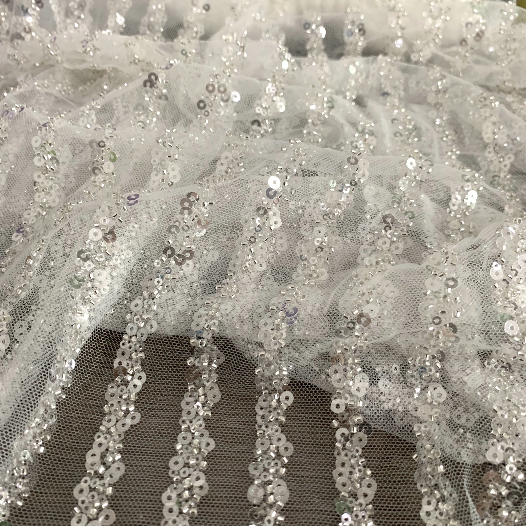 Free Shipping Products from Aliexpress 2023 NEW 130CM Wide Off White Tulle with Silvery Beads Sequins Beading Dress Lace Fabric