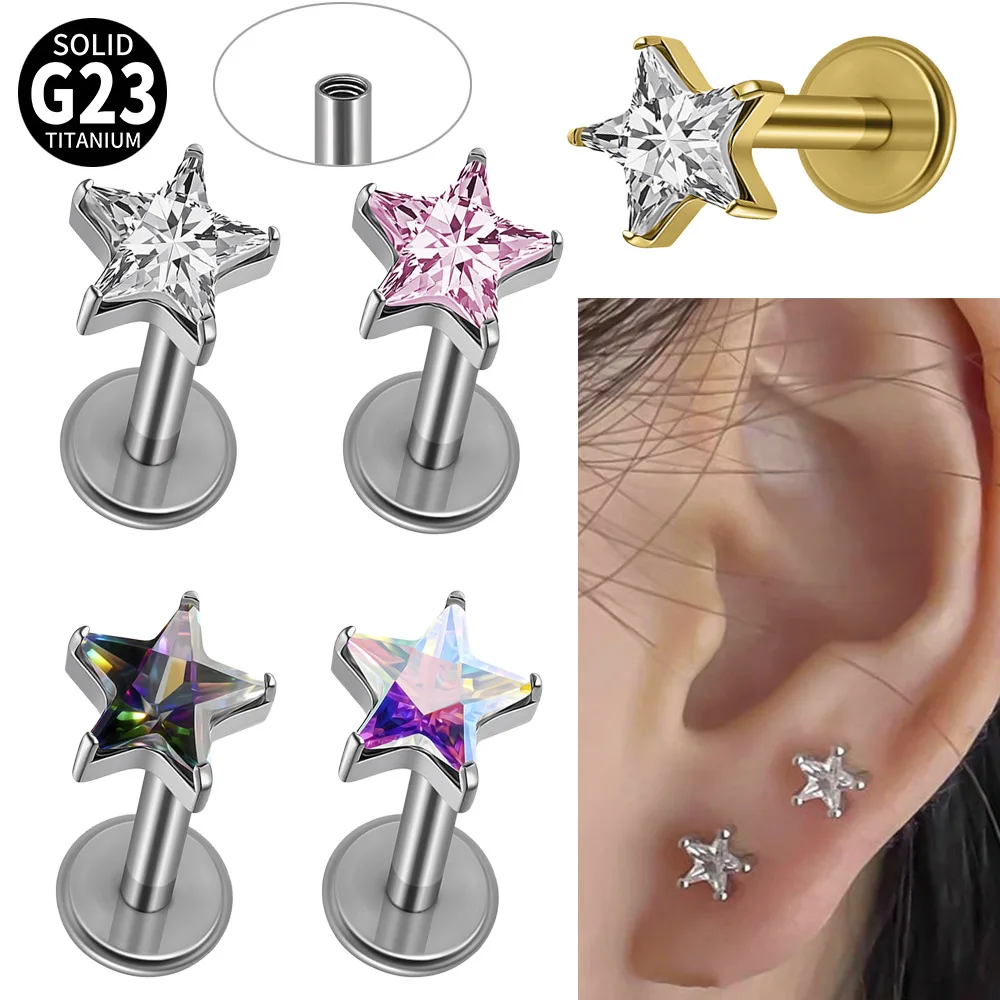 G23 Titanium Alloy Five-star Internal Thread Lip Stud Multi-color Zircon T-shaped Earbone Stud Earring Body Puncture Jewelry
