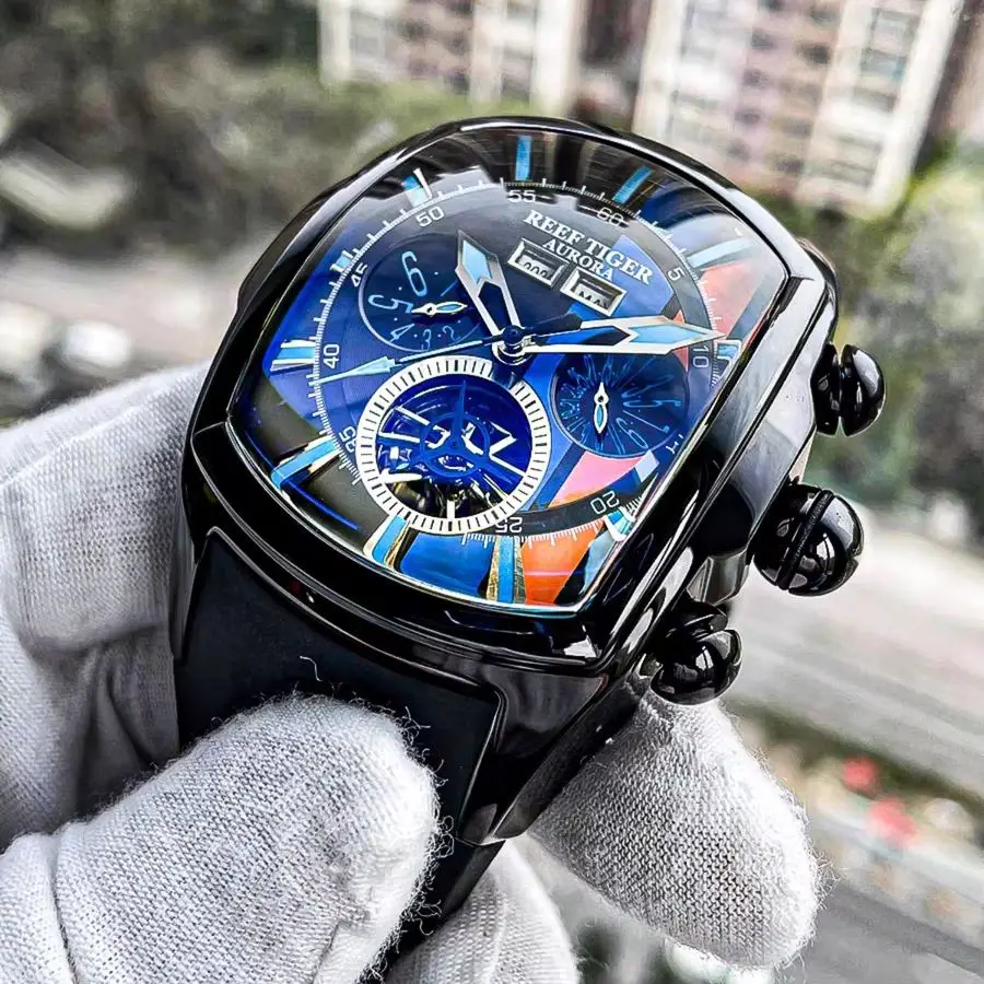 Reef Tiger Men Automatic Watch Military 46mm Tonneau Mechanical Wristwatch Luminous Multi-Dial Year Month Weel Date Racing Dial