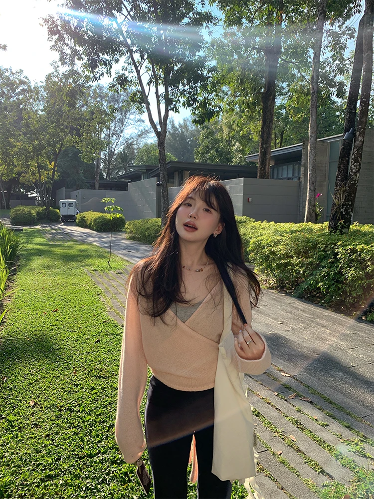 

Pure Desire Cross Tie V-Ne Camere Knitted Open Cardigan Women's High Waist ort Sle Casual Straight Long Sve