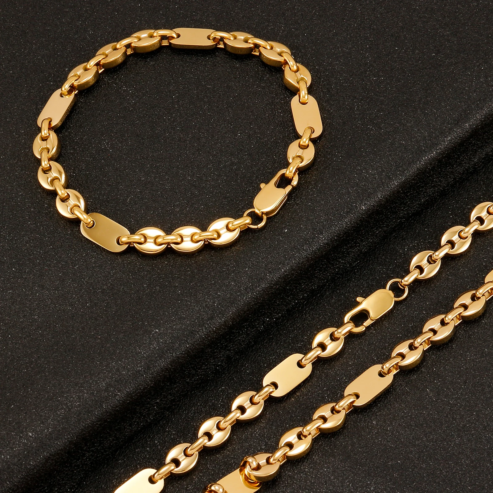 

6mm Hip Hop Golden Coffee Beans Necklace for Women Men 316L Stainless Steel Curb Cuban Link Chain Fashion Bracelets Jewelry Gift