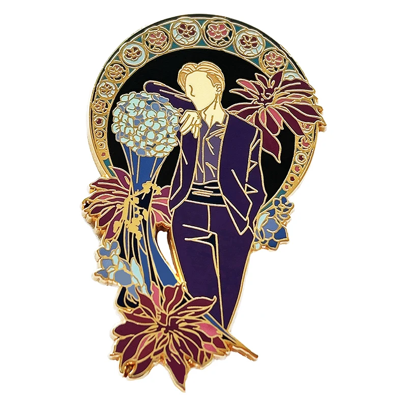 Customize Mysterious Man Lapel Pin Dreamy Purple Flowers Gold Metal Hard Enamel Cartoon Star Series Supplier Badge Girls Gift