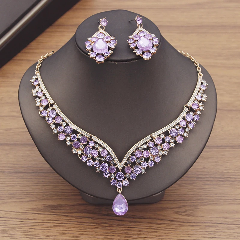 Gorgeous Purple Crystal Wedding Dress Choker Necklace Sets for Women Bridal Jewelry Sets Earrings Dubai Jewelry Sets Fashion