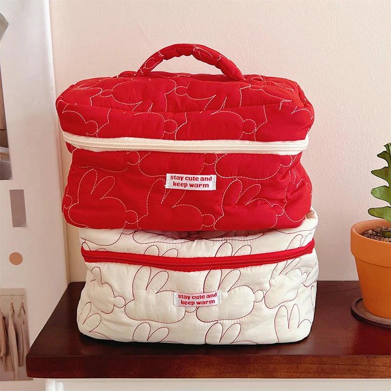 Bolsa de cosméticos con tapa de algodón acolchada de conejo, estuches portátiles para niñas lindas, bolso de mano de algodón de gran capacidad,