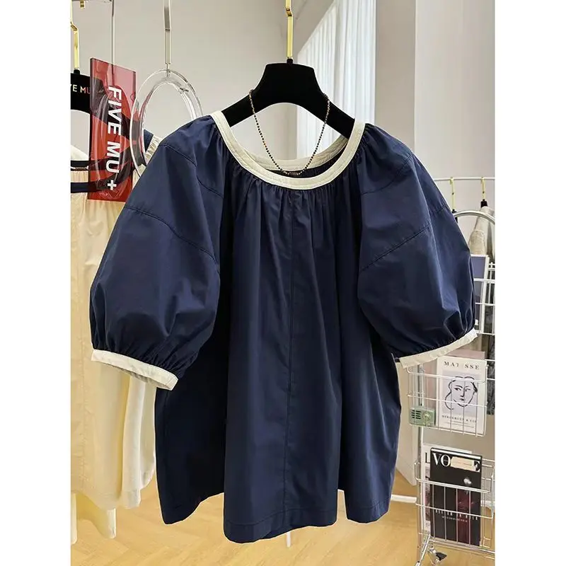 

Elegant Korean Style Large Collar Round Neck Short Sleeve Baby Doll Shirt Women's Summer Top Loose