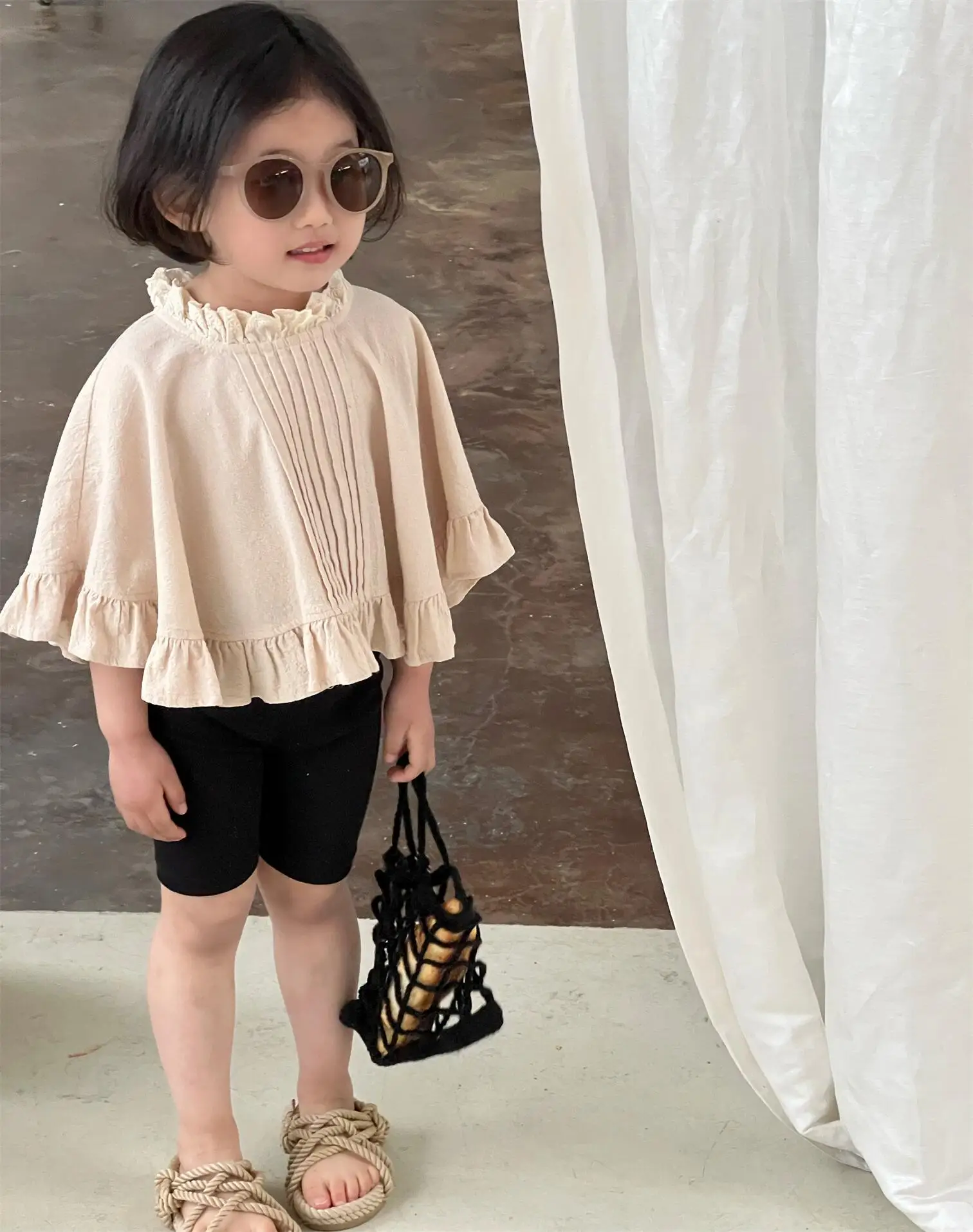 deer jonmi 2023 Summer Korean Style Baby Girls Ruffles Cape Smock Solid Color Children Cloak Cute Blouese