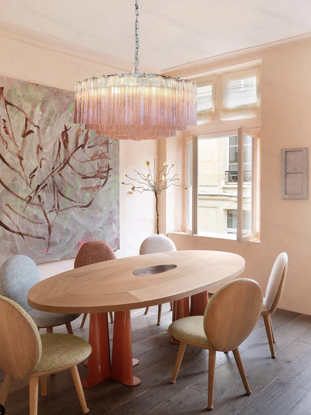 Home French Glass Art Round Dimmable LED Chandelier