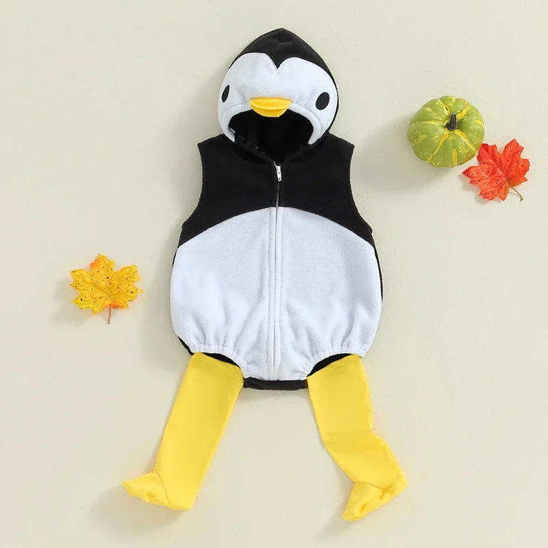 Baby Penguin Costume Fleece Sleeveless Zip-Up Hooded Romper Knee High Socks 2 Piece Set Cosplay Photography Clothes