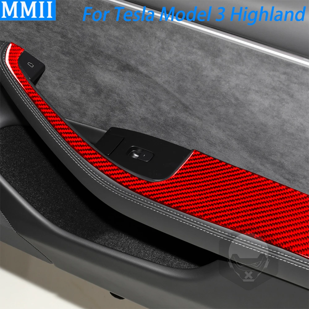 

Red Carbon Fiber Door Armrest Panel Decorative Cover Car Interior Decoration Accessories Sticker For Tesla Model 3 Highland 2024