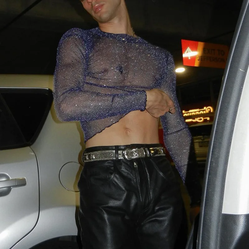 Mens Sexy Slim Stretch Purple Shiny Mesh See Through Short Long Sleeve O Neck Slim Fit  Top Crop T Shirts Live Show Dance