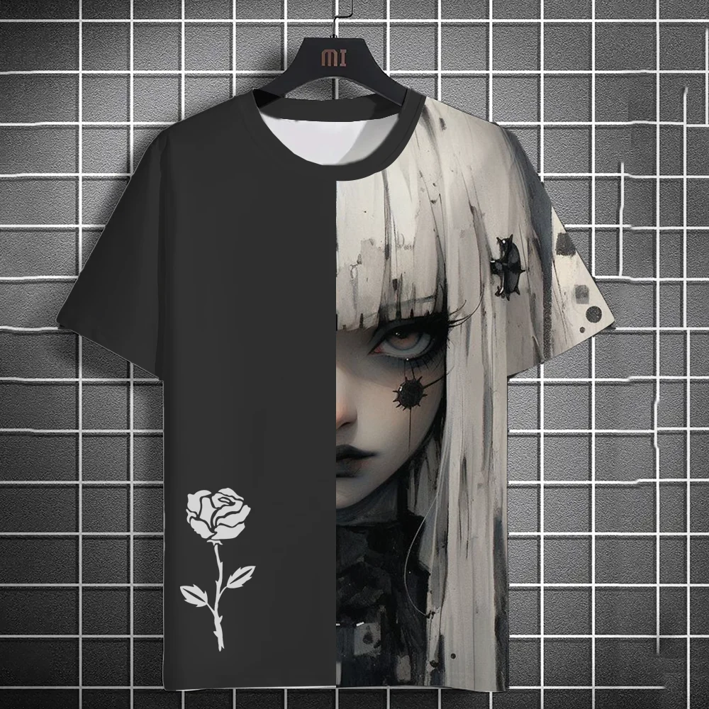 2024 summer new men's summer ancient style casual t-shirt 3d printing anime girls rose print high-end print unisex short sleeve