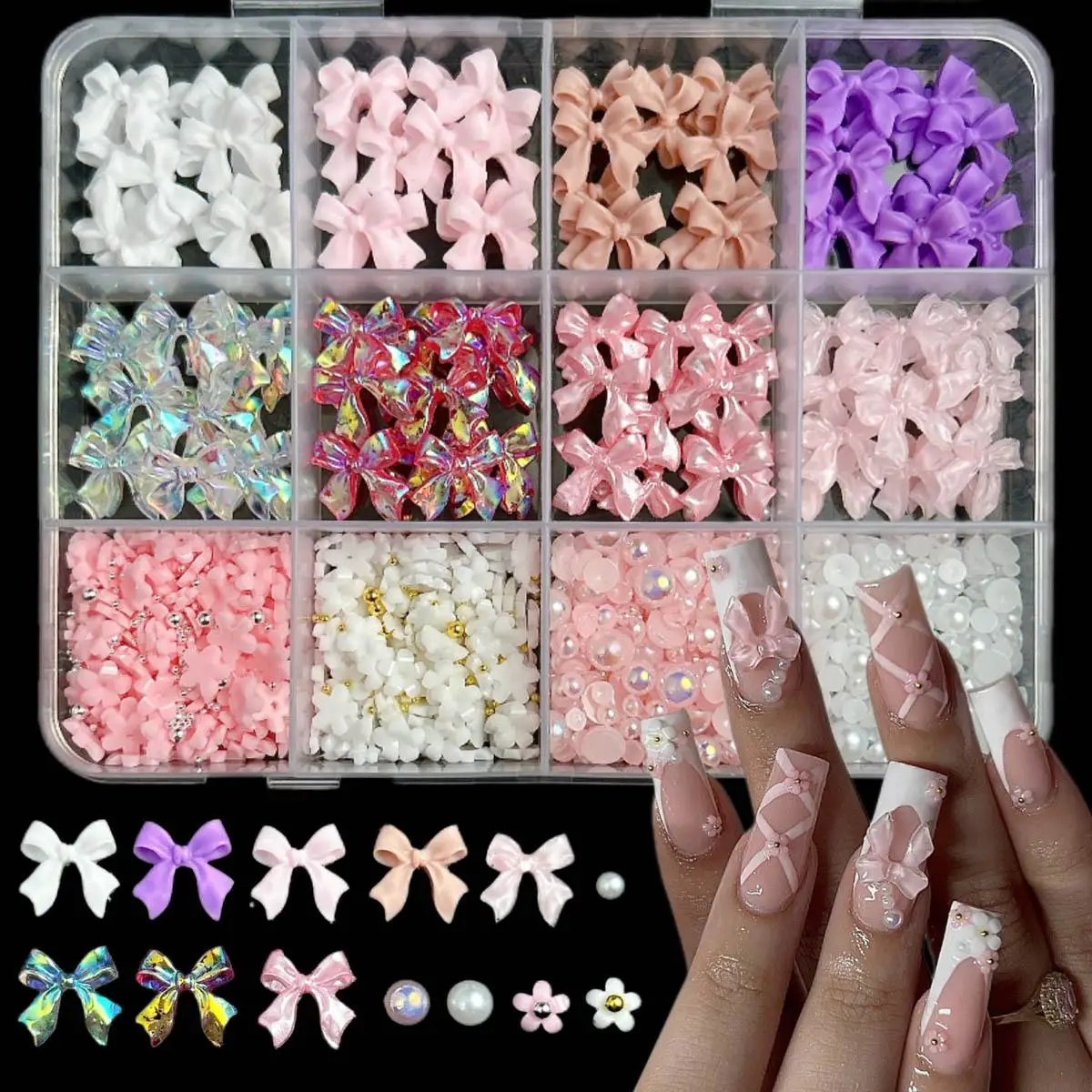 

1Box Aurora Colorful Resin Bow Nail Charms 3D Flat Bottom Mini Flower Simulated Pearl Nail Art Decorations Manicure DIY Supplies