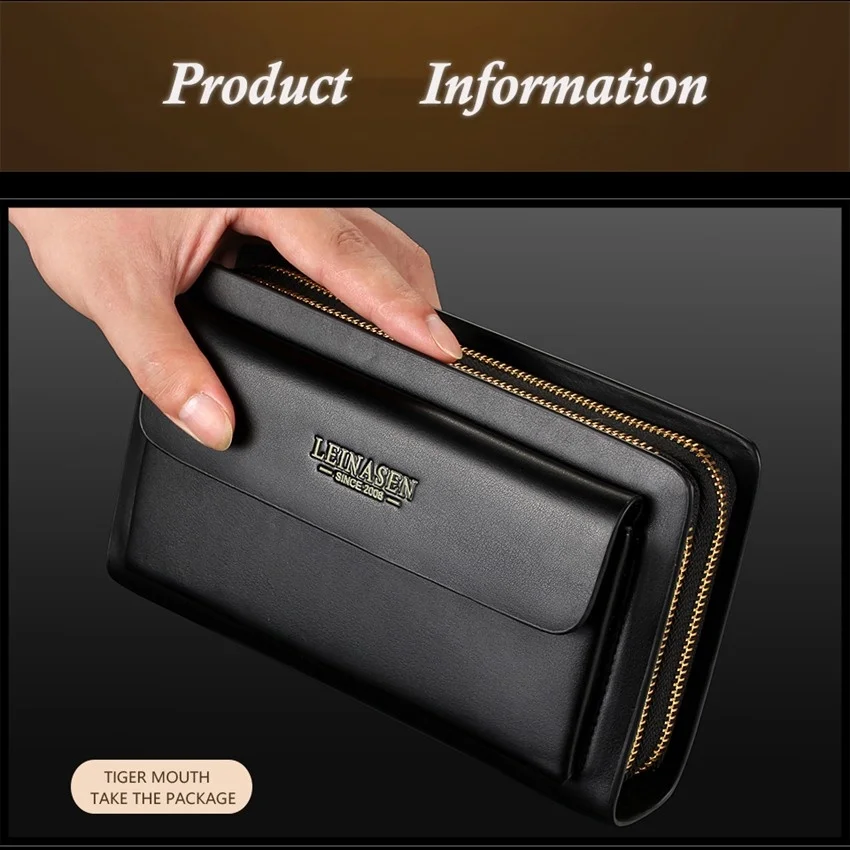 Business Men's PU Leather Wallets Handbag Large Capacity Two Zippers Clutch Bag Card Holder Phone Bag Bill Pocket