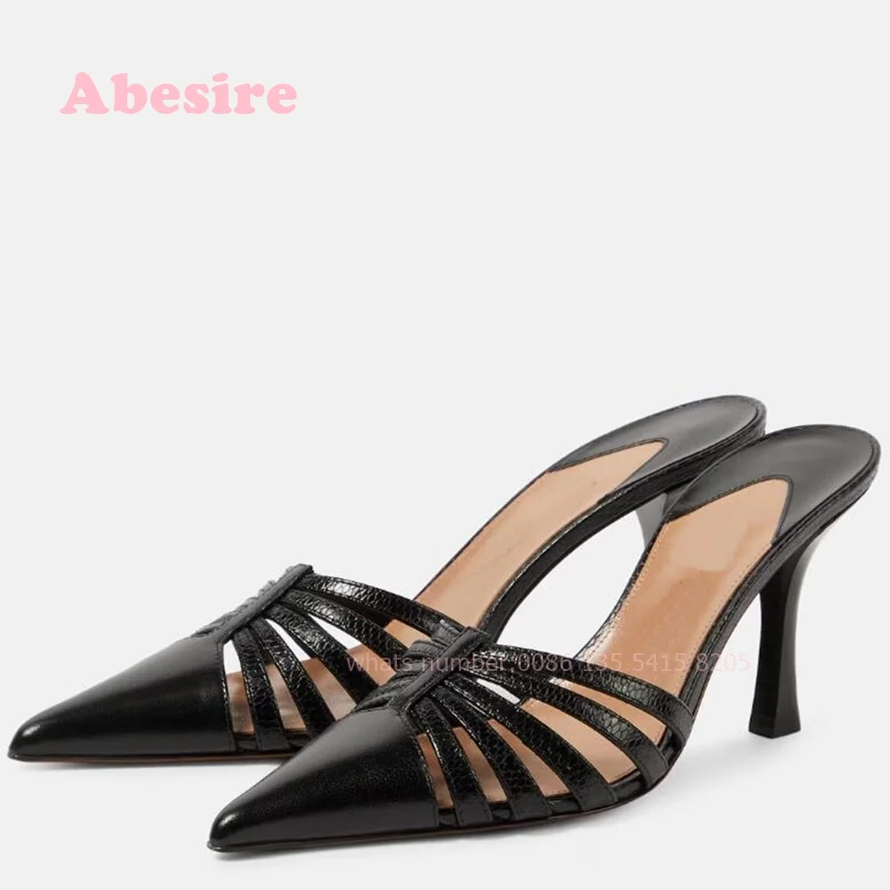 Cutout Leather Mules Black Splicing Stiletto Heels Women's Slippers Pointy Toe Slip On Patent Runway Party Shoes Summer 2024 New