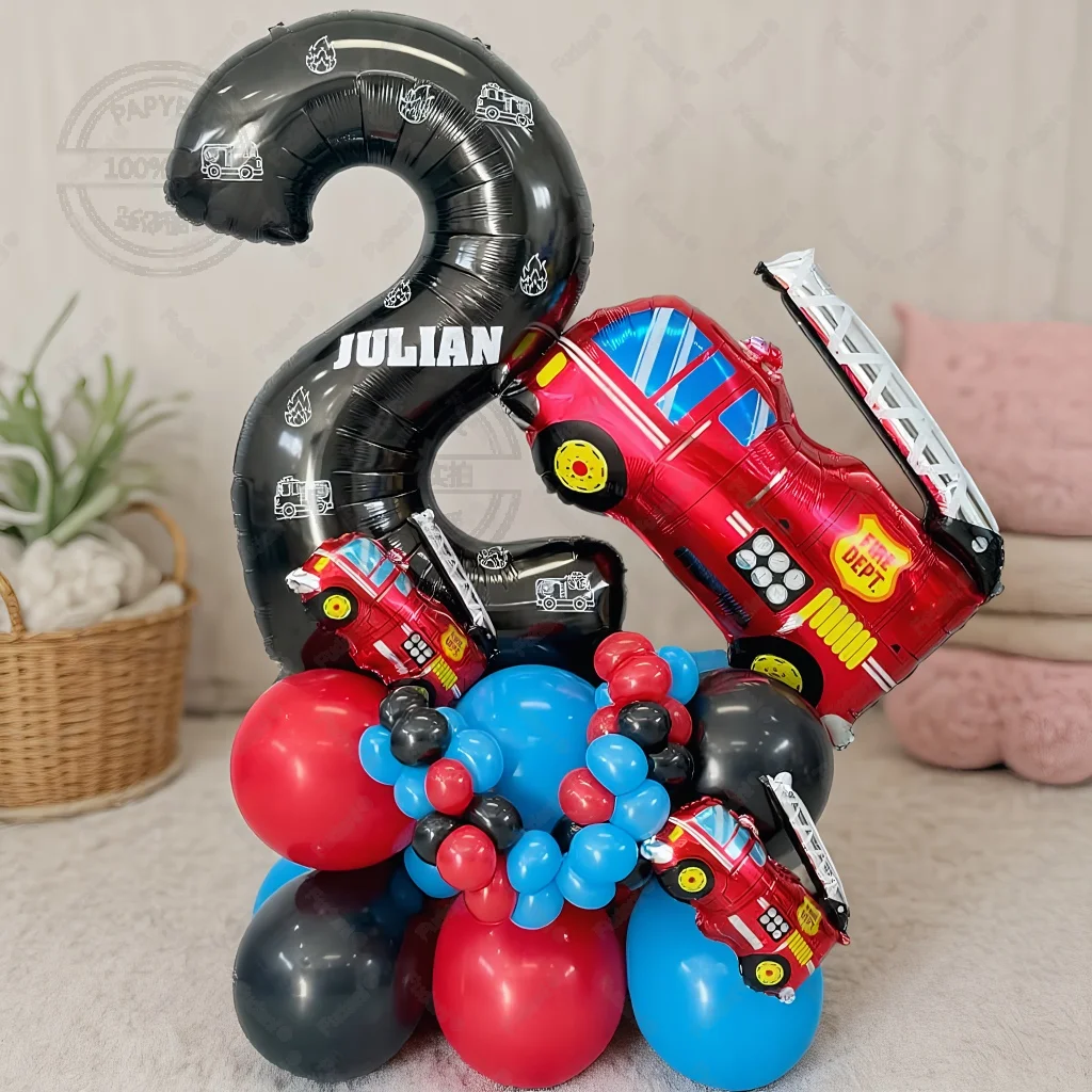 53 قطعة بالون شاحنة مطافئ 1-9 مجموعة رقمية سوداء أحمر أزرق أسود النار Globos للبنين أطفال رجال الاطفاء تحت عنوان حفلة عيد ميلاد الديكورات