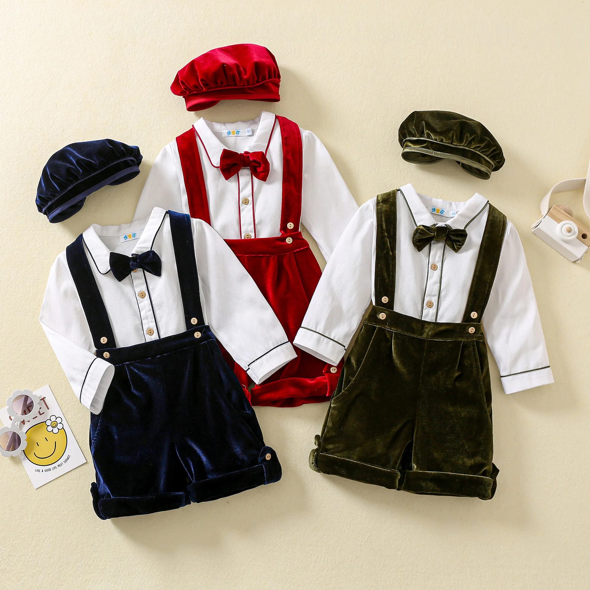 

Boys' Suit Long Sleeved Shirt with Solid Overalls Kids Christmas Gentleman's Dress Hat Three Piece Set Baby Preppy Style Clothes