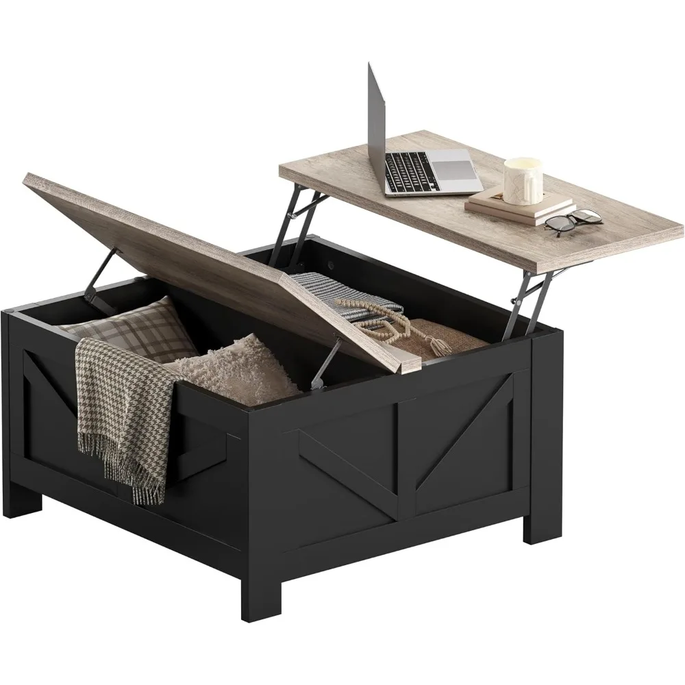Lift Top Coffee Table, Square Farmhouse Coffee Table with Hidden Storage Compartment, Wood Center Table for Living Room,