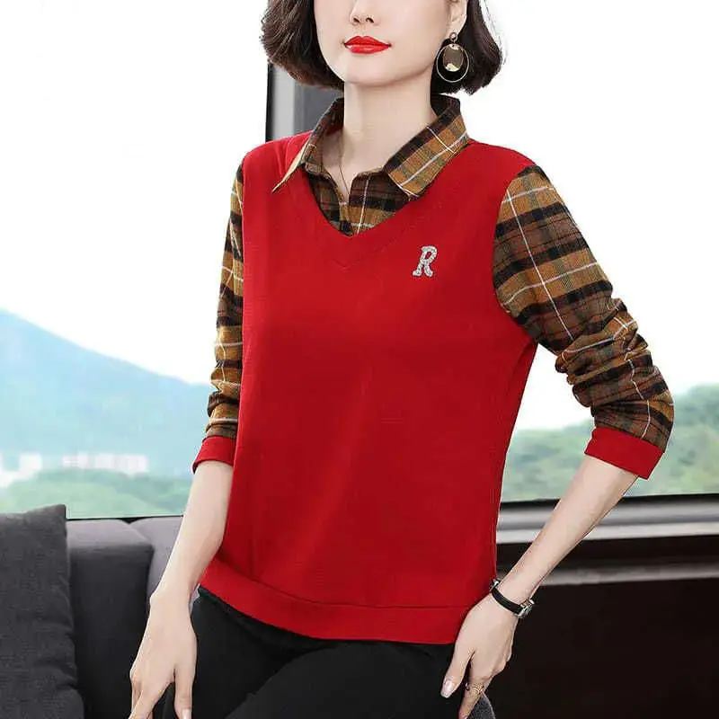 Autumn Winter Fashion patchwork fake two pieces Ladies All-match Plaid Turn-down Collar Long sleeve Polo Shirts women clothing