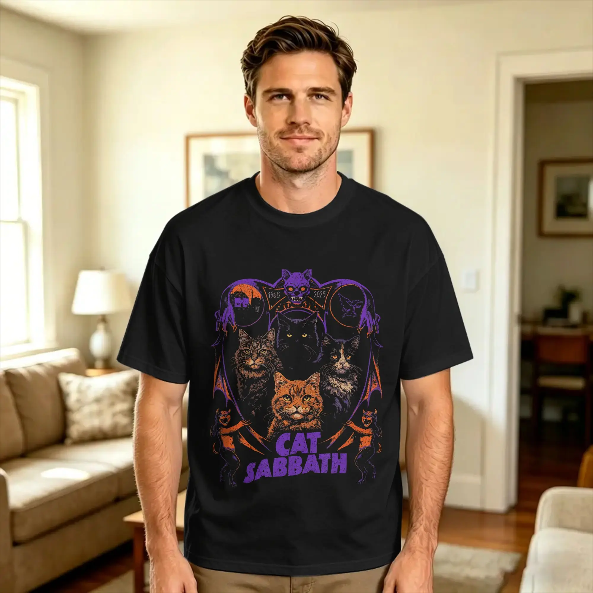 Cat Sabbath Feline T Shirt Men  Y2K Basic T Shirts Summer Comfortable Hippie Tees Custom DIY Oversized Clothing
