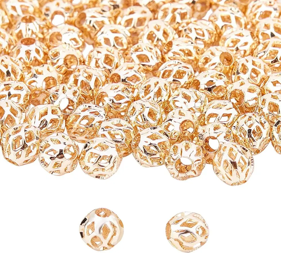 

100pcs 6mm Gold Plated Brass Hollow Beads Filigree Hollow Ball Metal Spacer Beads for DIY Necklace Charm Bracelet Jewelry Making