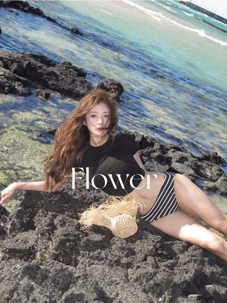 

Jenny Tee-piece Set New Korean Sle Ins Striped Pure Desire Beach Thermal Vaion Swimsuit Separate Small Chest Bikini