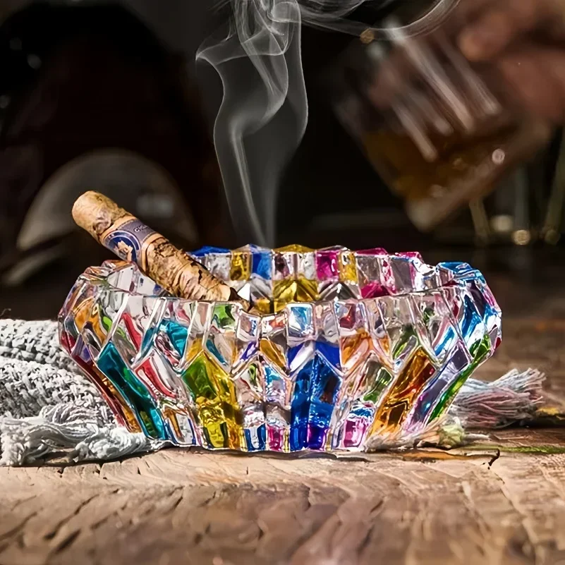 Elegant Glass Ashtray Circular Colorful Design Home Office Decoration Living Room Table Ornament Gift Smoking Accessories Set
