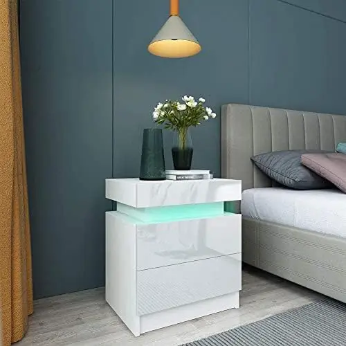 

LED Nightstand, Modern LED Beside Table Nightstand End Table Tall 2-Drawer Nightstand Stand Accent Sofa for Home Bedroom Livi