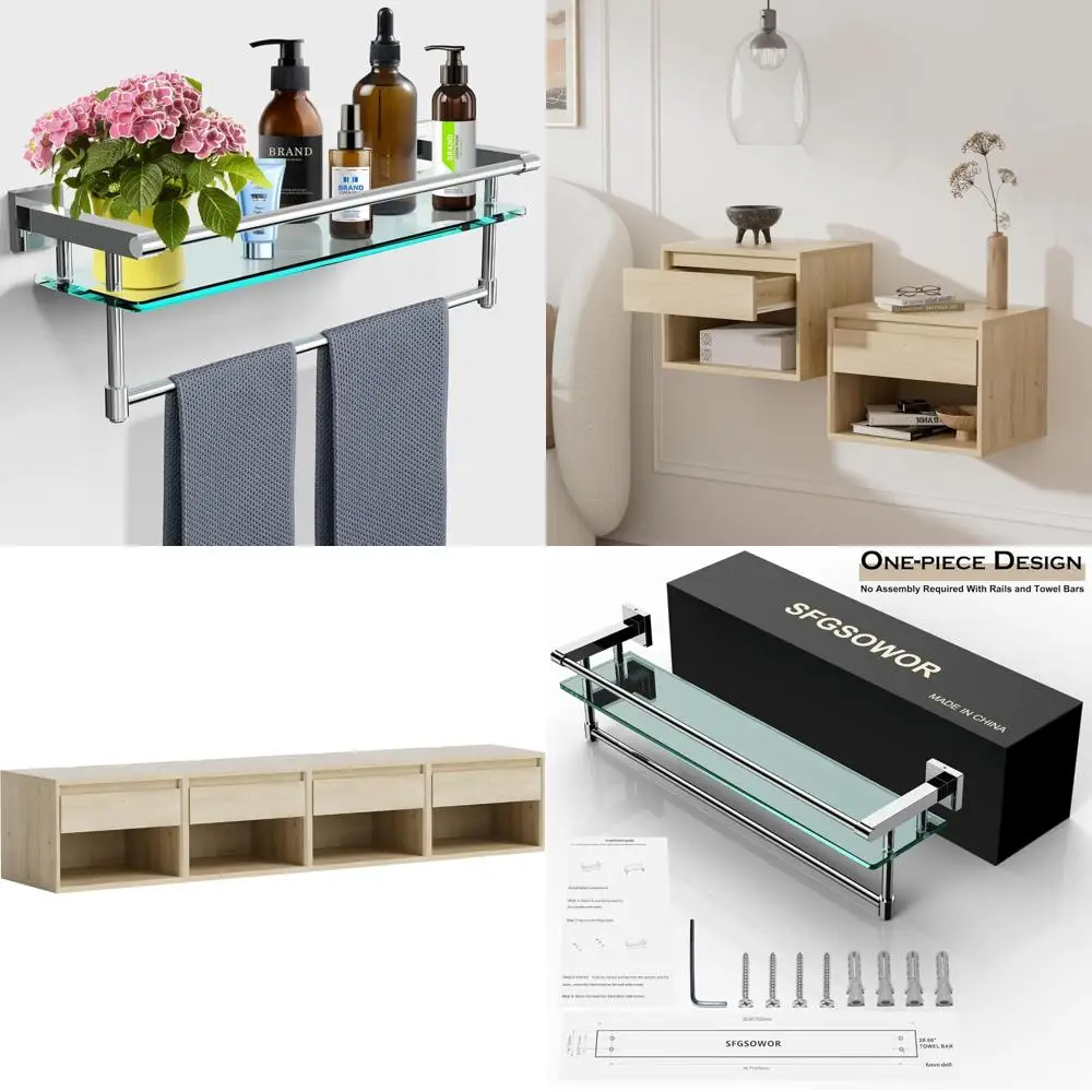 

Wall-Mounted Stainless Steel Bathroom Glass Shelf with Towel Rack Organizer Storage Solution