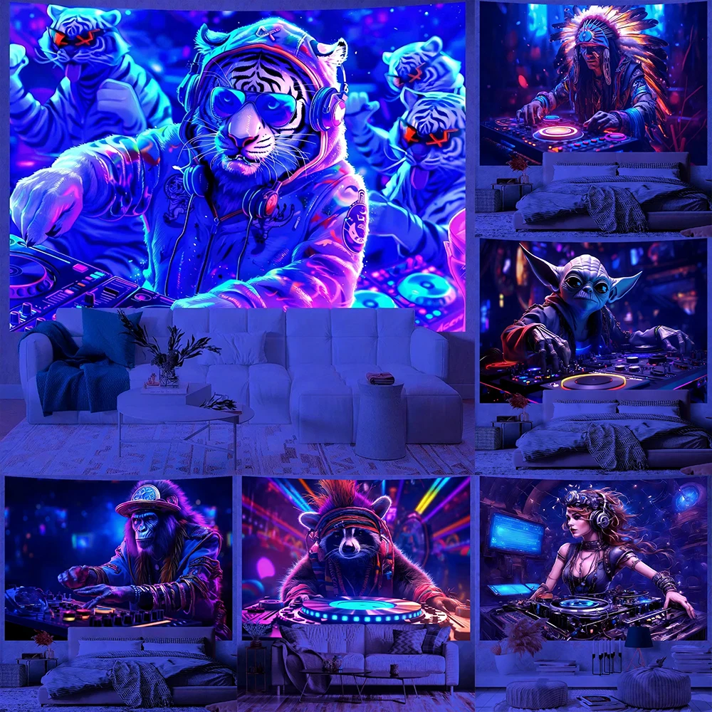 

Светящиеся в темноте настенные гобелены с изображением животных и диджеев, реагирующие на УФ-излучение, для декора стен, украшения спальни и вечеринок