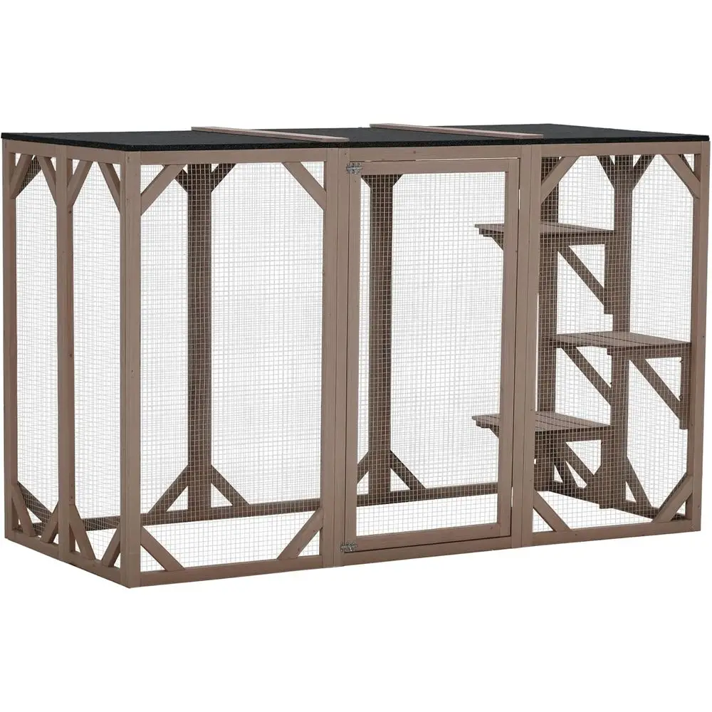 

Large Weatherproof Wooden Catio with Platforms and Large Entrance, 71 Long, Brown