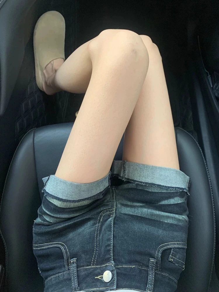 夏の女性のためのレトロなアメリカン スタイルのデニム ショート パンツ薄いフィット ハイウエスト痩身ディープ ブルー弾性ストレート レッグ ホット パンツ