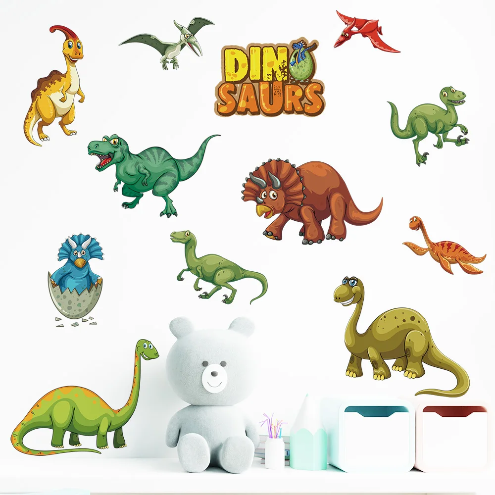 Large Cartoon Wild Dinos Dinosaur Wall Stickers for Nursery Bedroom Decor Study Room Decals Removable PVC Self-adhesive Murals