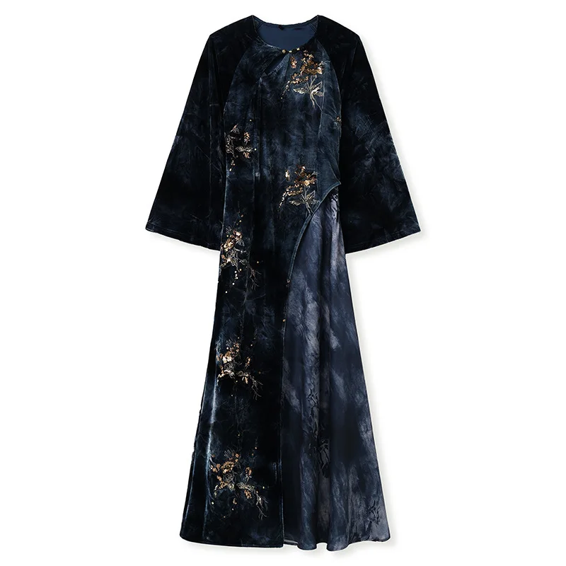 UMI MAO فستان الخريف جديد كم طويل جميل النمط الصيني تشيباو فستان طويل المرأة الجديدة النمط الصيني المخملية فستان فام #5