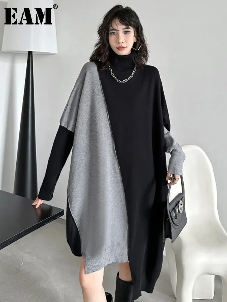 [EAM] Women Gray Color-block Big Size Irregular Knitting Dress New Turtleneck Long Sleeve Fashion Spring Autumn 2024 1DH6561