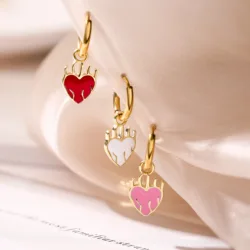HECHENG,Stainless Steel Small Circle Huggie Hoops Hot Red Heart Pendant Charm Hoop Earrings for Women Punk Fashion Jewelry Gift