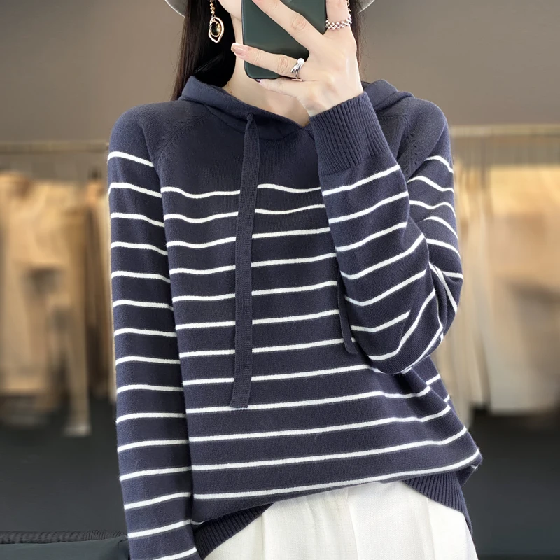 

Women Hooded Collar Stripe Pullover Merino Wool Sweater Long Sleeve Outwear Autumn Winter Bottoming Knitwear Warm Soft Tops