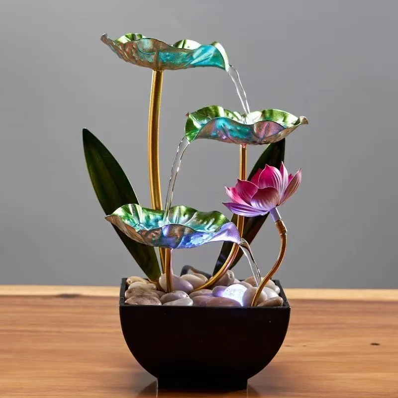 Innovative Modern Home Decor for Living Room Metal Circulated Water Flowing Water Effect Lotus Flowers Creative Home
