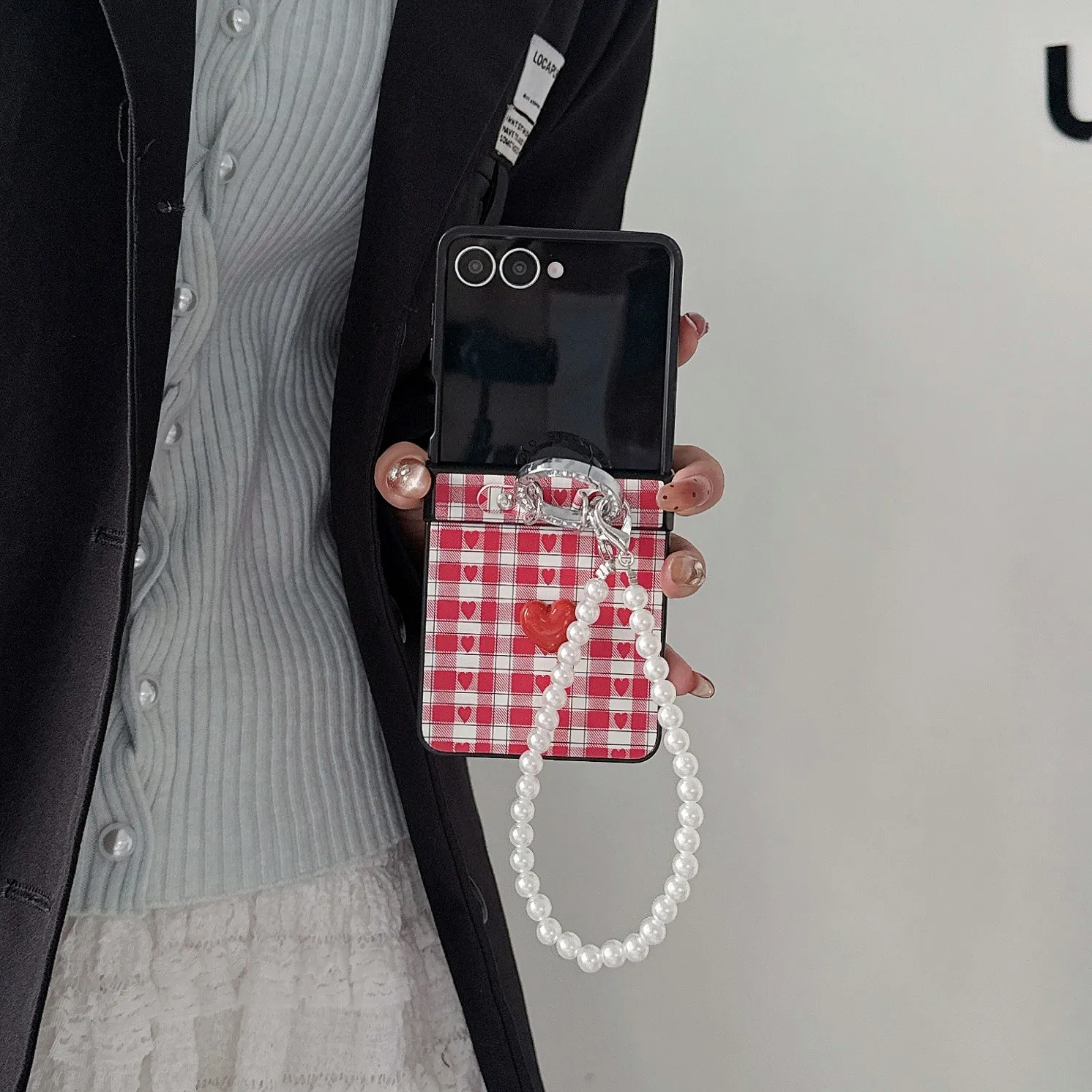 INS Plaid Love Cute Phone case for Samsung Galaxy Z Flip7 7FE ZFlip6 5 zflip5 6 7 Cover With Ring Pearl Chain Shockproof Fundas