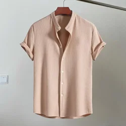 Men Summer Twill Shirt Stand Collar Button Short Sleeves Solid Color Loose Ventilation Round Neck Casual Business Daily Wear Top