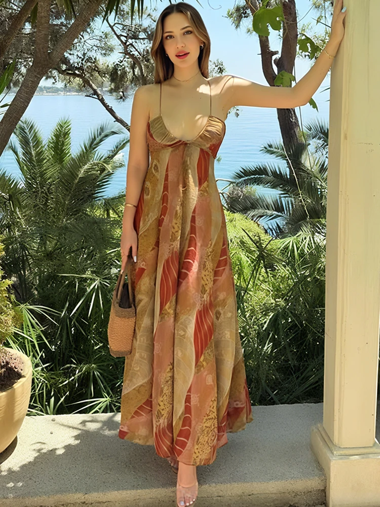 HXAO Slip Printing Womens Dresses Floral Sleeveless Boho Evening Party Long Dresses Summer Beach Bohemian Backless Flower Female