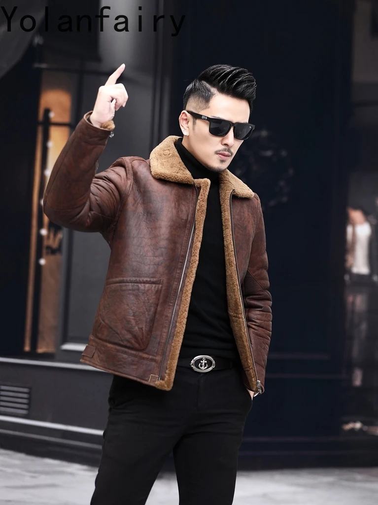 YOLANFAIRY Natuurlijke Bontjas Man Luxe Winter 100% Echte Schapenvacht Leren Jas Mannen Casual Korte Heren Lederen Bontjassen 2025