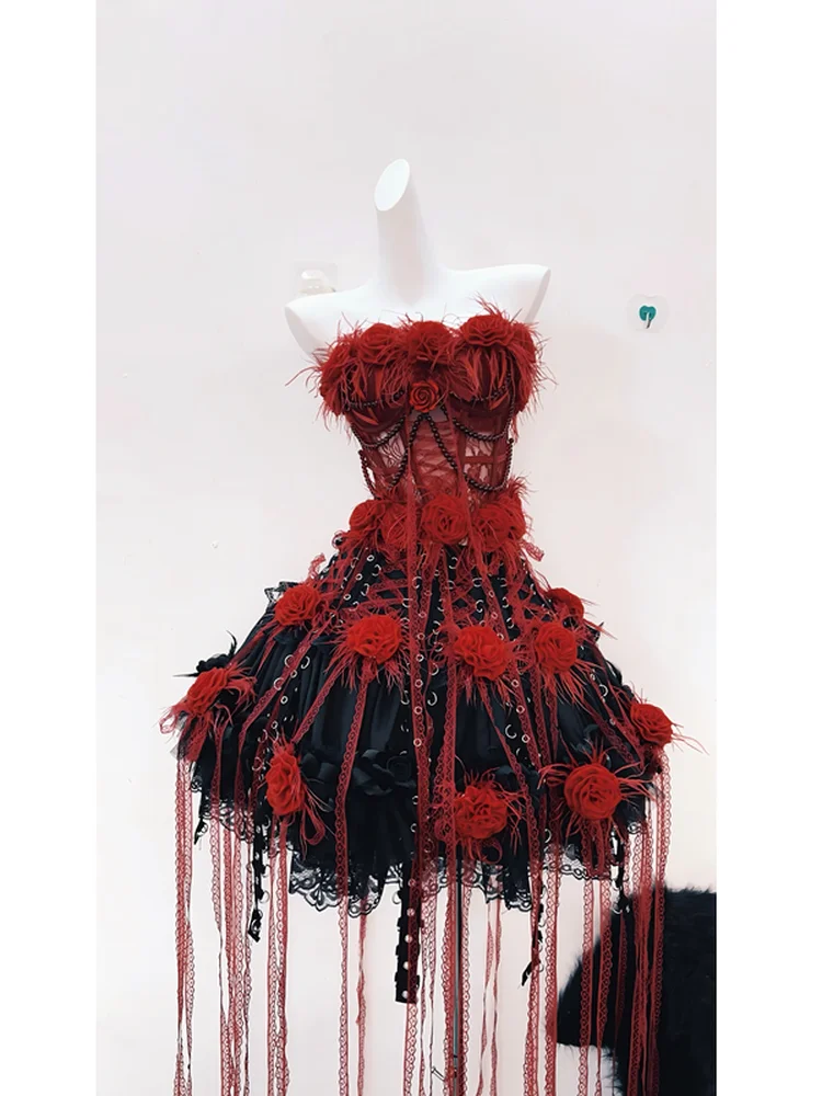 

Gothic European American Sexy Cool Girl Women's Suit Punk Bead Chain Vest 2025 New Sweet Spicy Lace Hollow Otu Skirts Ladies