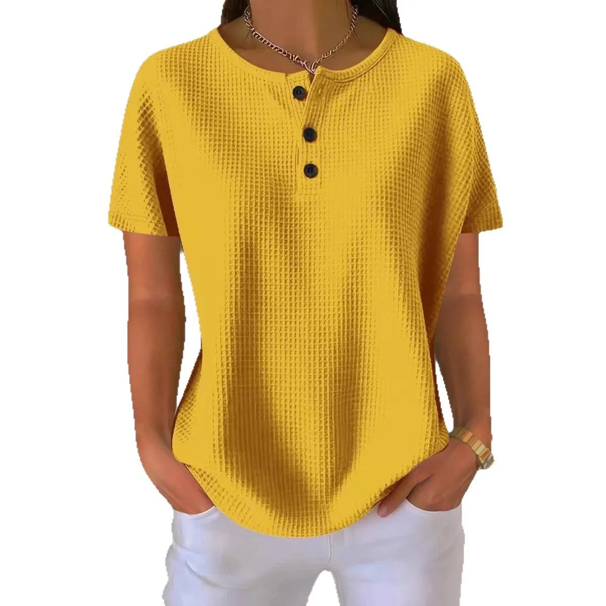 Fotografia 6: Blusa de Malha Waffle com Gola Redonda, Nova Coleção Verão 2026, Cor Sólida, Manga Curta