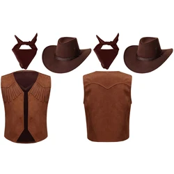 4-16 Years 3Pcs Wild West Cowboy Cowgirl Costume Fringe Vest with Bandanna Cowboy Hat Set Halloween Carnival Party Dress Up