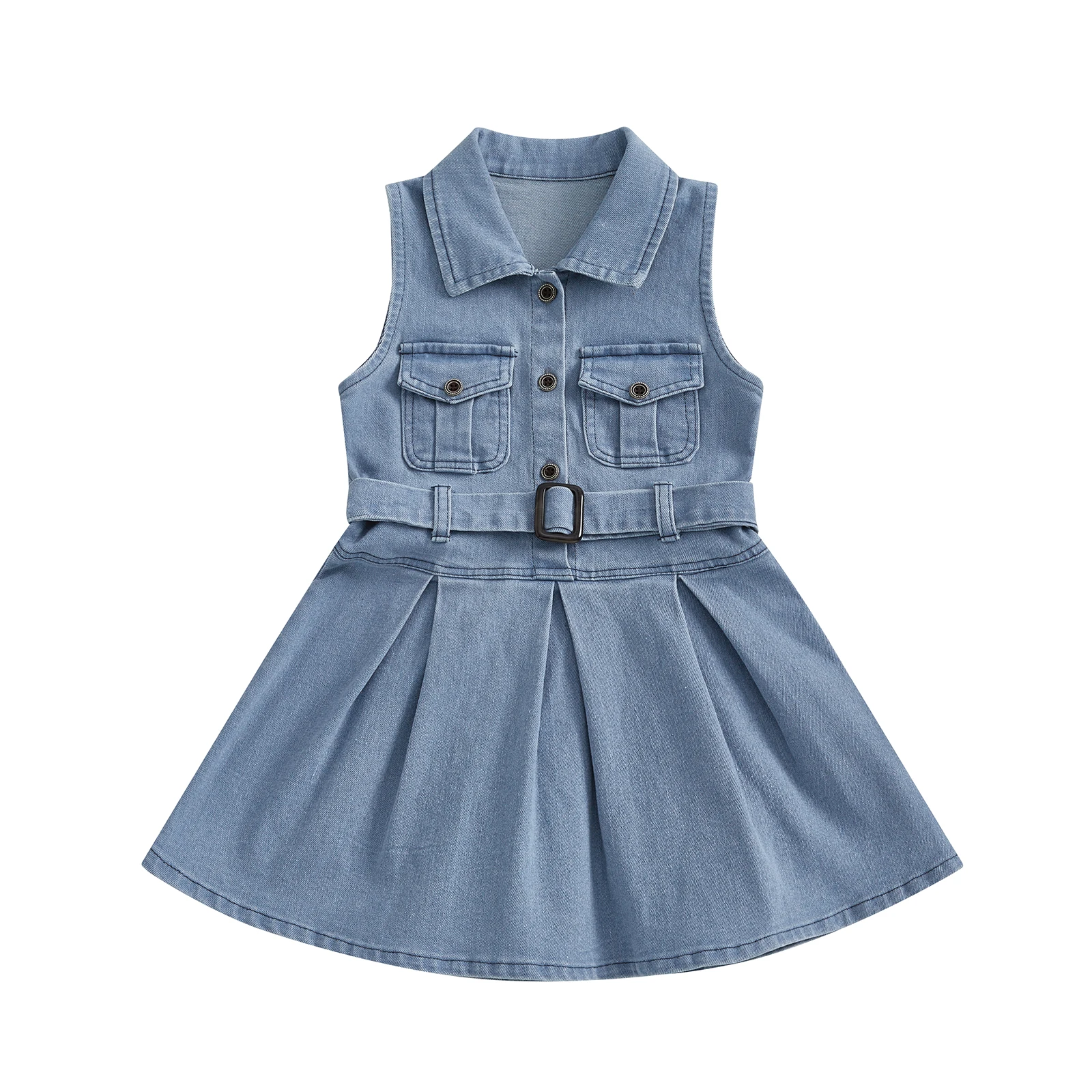 1-5Y Toddler Girls Denim Dress Casual Solid Color Button Lapel Sleeveless Dress with Belt for Beach Party Cute Clothes