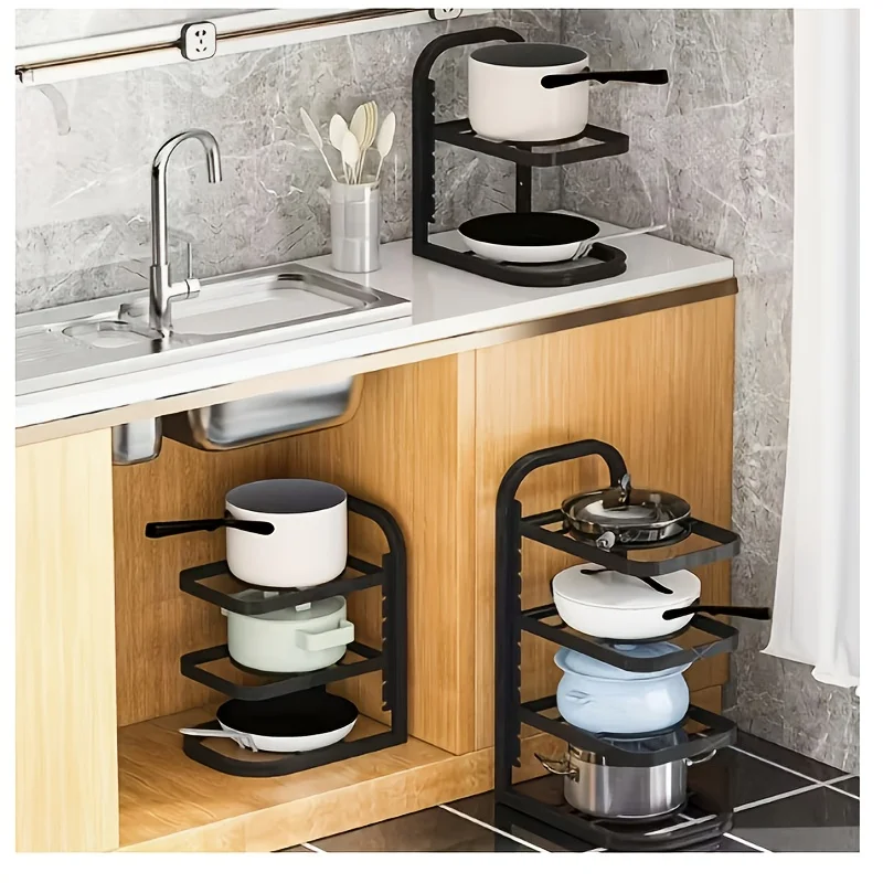 

Adjustable 4-Tier Pot Rack | Carbon Steel, Square Shape, Multipurpose Use, Floor Installation, Tiered Shelf for Under Sink & Kitchen Cabinets, Multi-Layer Cookware Organizer