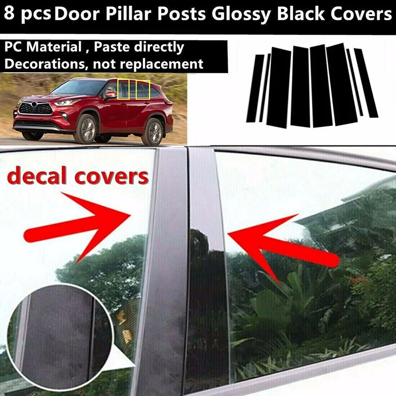 8pcs Set Glossy Black Window Door Side Pillar Post Trim Cover Decal Car Stickers Kit Fit for Toyota Highlander 2020 2021 2022