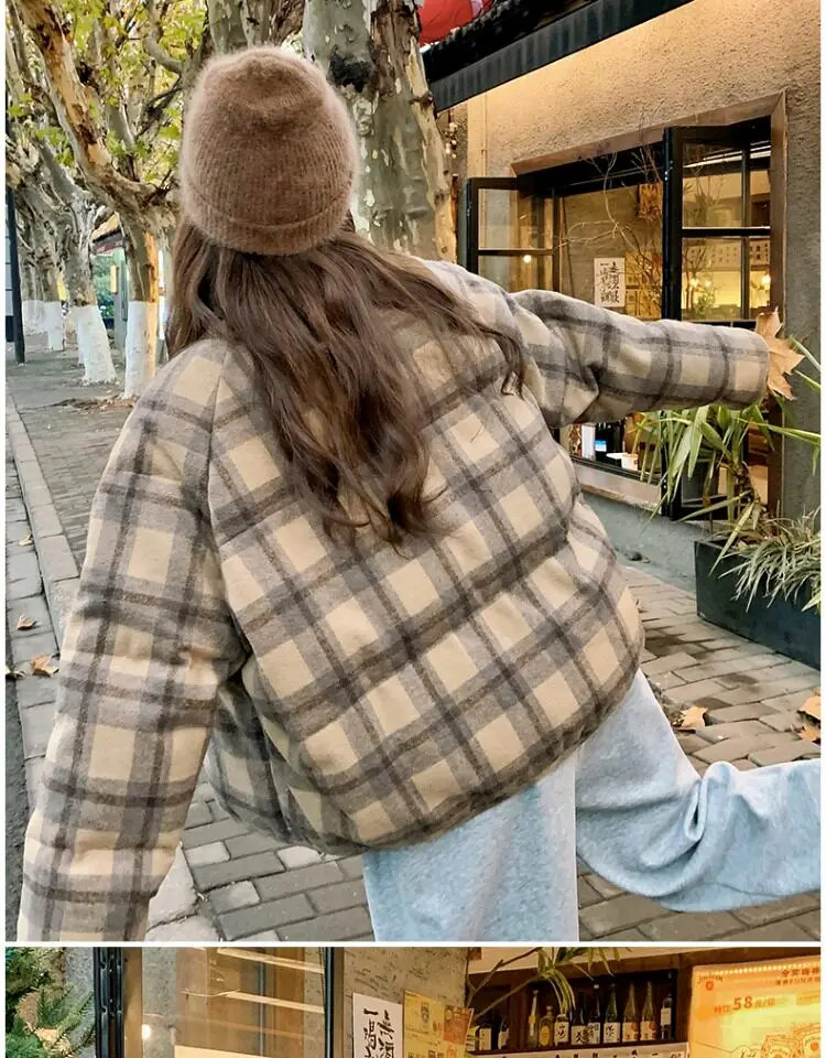 Retro Plaid Short Padded Jacket for Women Autumn Winter Maillard Style Thick Warm Outerwear Female Casual Korean Puffer Jackets