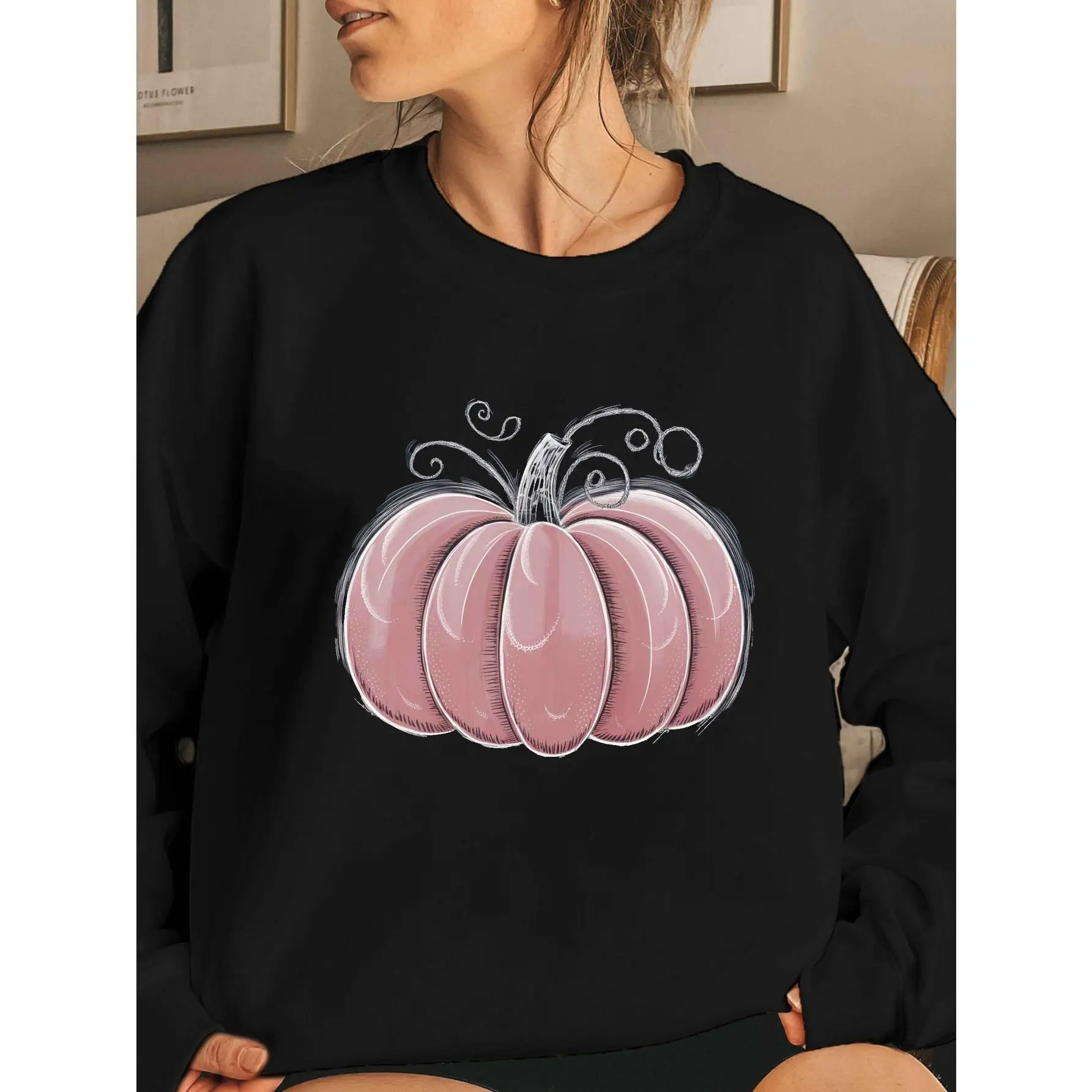 

Pink Pumpkin Graphic Sweatshirt for Women, Cute Autumn Fall Season Pullover, Thanksgiving Holiday Casual Crewneck Tops